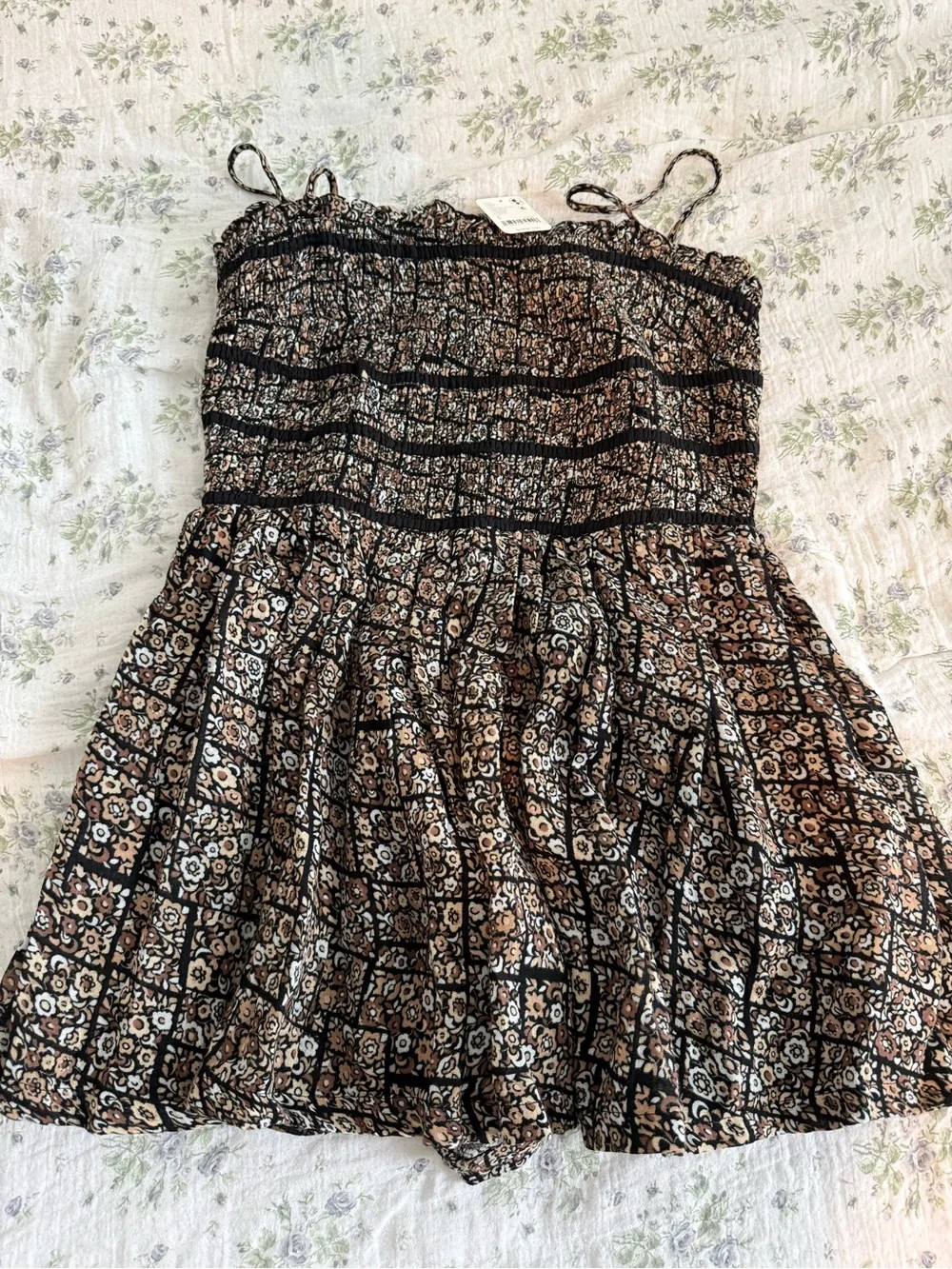 Free People Black and Tan Floral Smocked Romper
